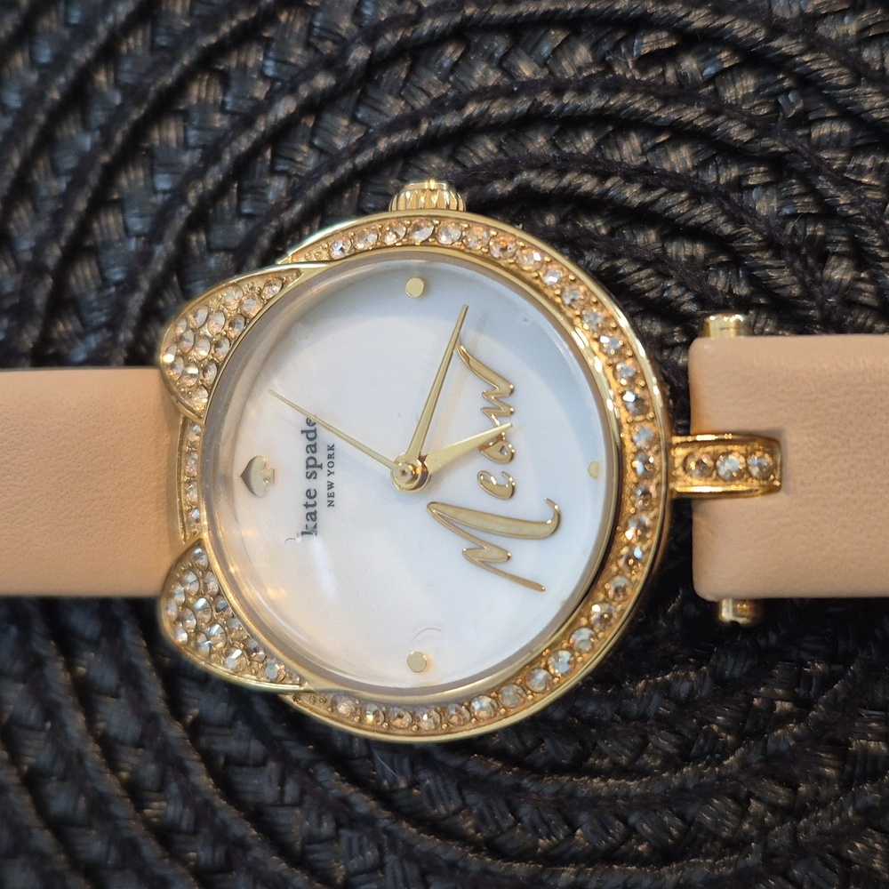 KATE SPADE Gold Tone Mini Metro Pavè Meow Watch, Leather Strap, NEW BATTERY
